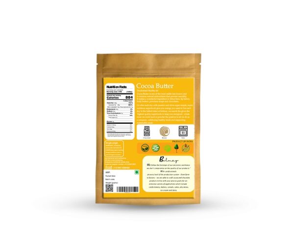 raw and natural cold pressed pure Cocoa Butter Back side with nutrition values