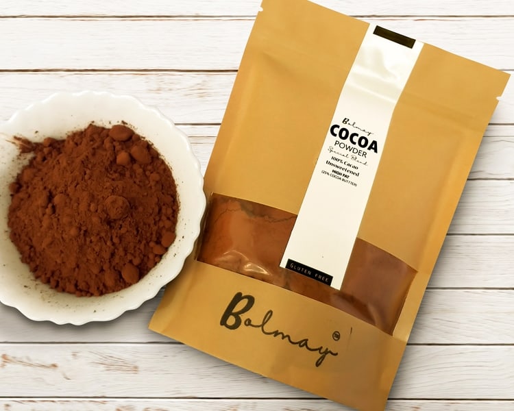 Bolmay cocoa High fat cocoa powder Dutch processed from Bolmay cocoa front package with and white cup of cocoa powder
