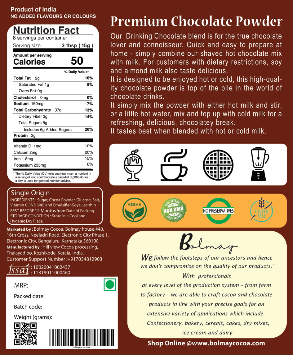 Dark Chocolate drink or hot chocolate powder from Bolmay cocoa back package with nutrition values