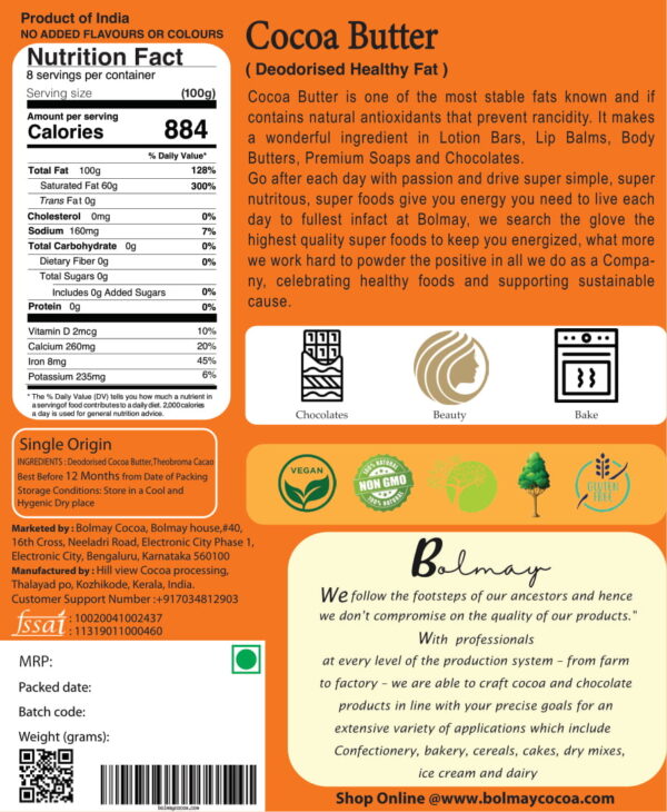 Natural Cocoa butter from Bolmay cocoa back package with nutrition values