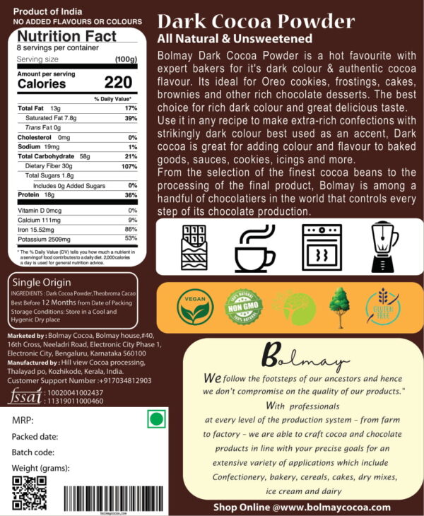 Dark cocoa powder for baking from bolmay cocoa back side of label with nutrition values