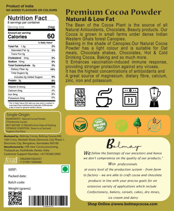 Raw and natural cacao powder for baking from bolmay cocoa back side of label with nutrition values