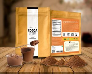 Bolmay cocoa low fat cocoa powder dutch processed from Bolmay cocoa front package with and glass cup of cocoa powder and spoon. low-fat cocoa powder,healthy cocoa powder, premium cocoa powder
