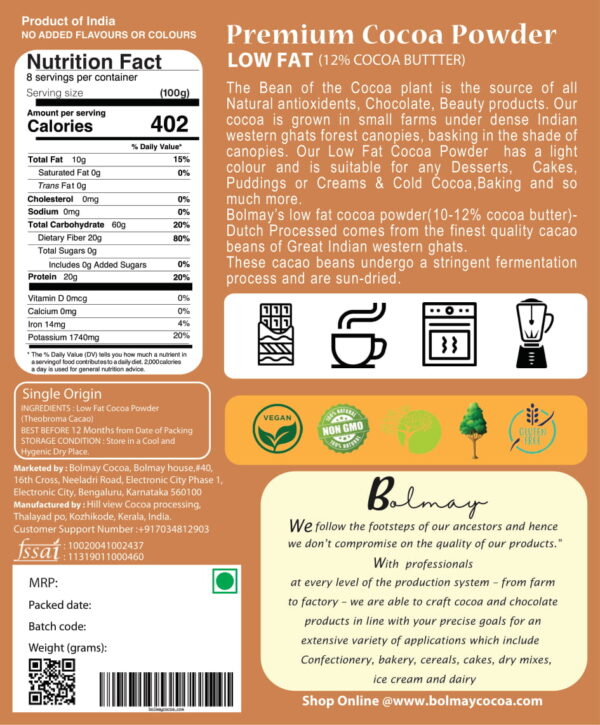 Low fat cocoa powder for baking from bolmay cocoa back side of label with nutrition values