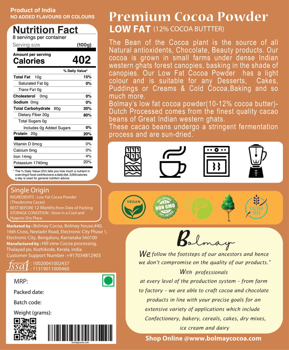 lowfat Back (1)-1 Low fat cocoa powder for baking from bolmay cocoa back side of label with nutrition values